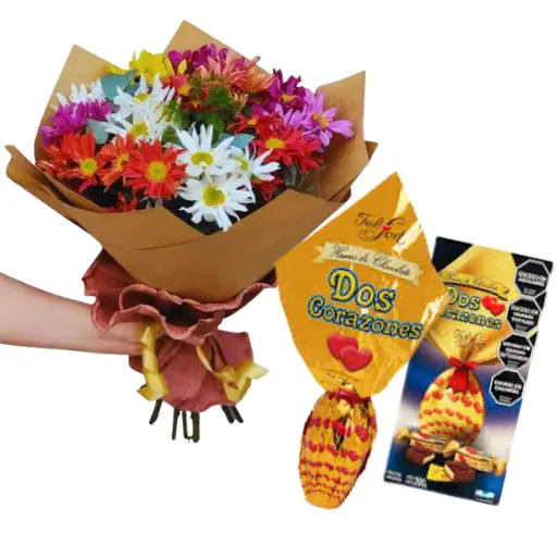 Ramo de margaritas variadas y huevo de pascua dos corazones